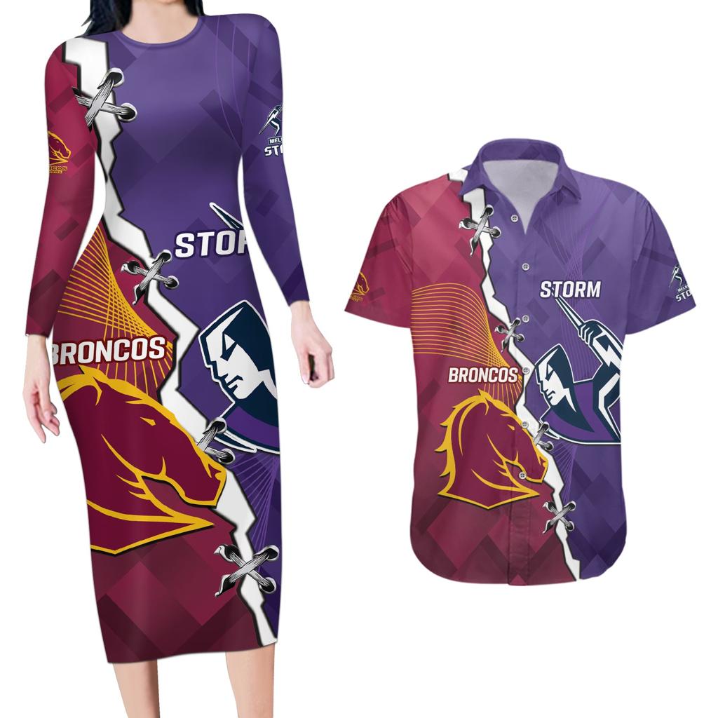 Personalised Broncos And Storm Rugby Couples Matching Long Sleeve Bodycon Dress and Hawaiian Shirt Sporty Version