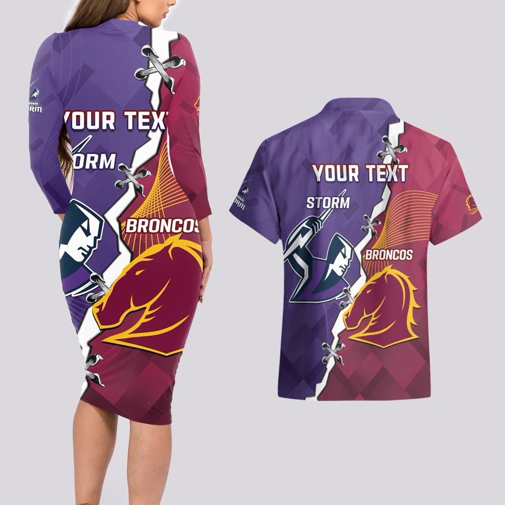 Personalised Broncos And Storm Rugby Couples Matching Long Sleeve Bodycon Dress and Hawaiian Shirt Sporty Version