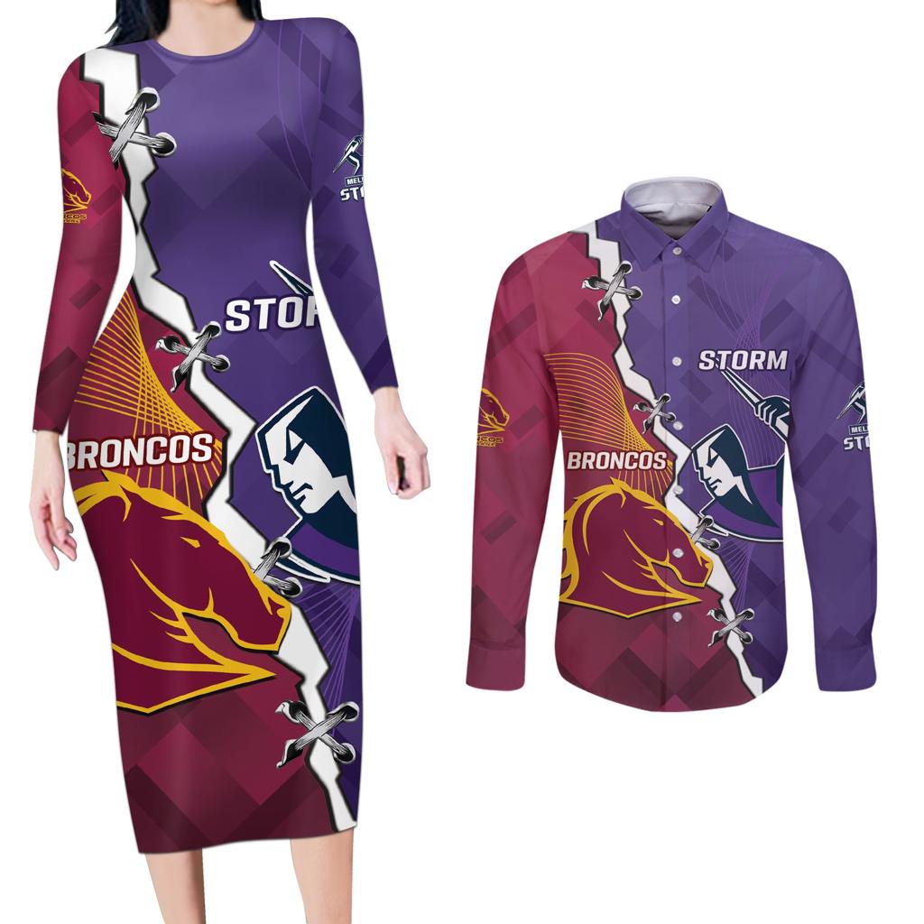 Personalised Broncos And Storm Rugby Couples Matching Long Sleeve Bodycon Dress and Long Sleeve Button Shirt Sporty Version