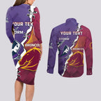 Personalised Broncos And Storm Rugby Couples Matching Long Sleeve Bodycon Dress and Long Sleeve Button Shirt Sporty Version