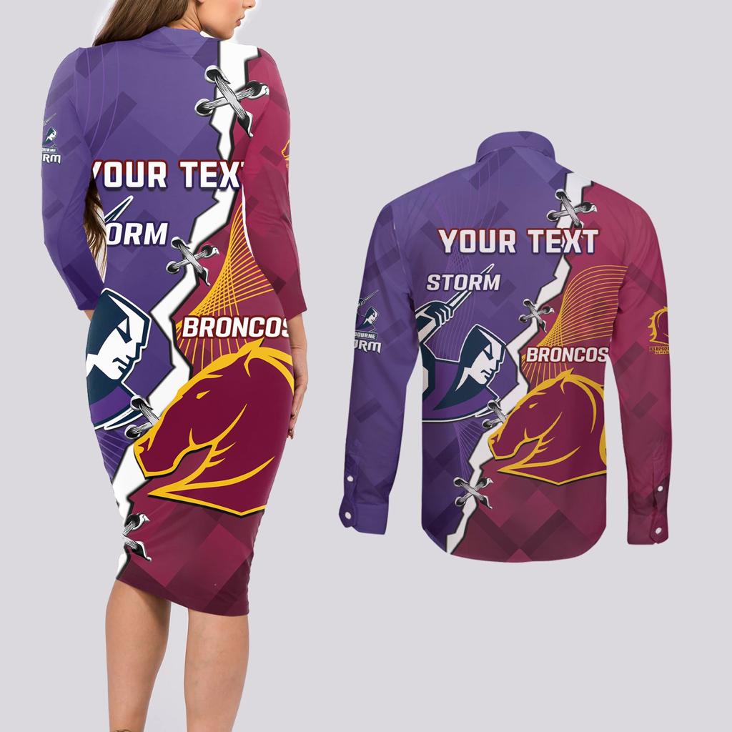 Personalised Broncos And Storm Rugby Couples Matching Long Sleeve Bodycon Dress and Long Sleeve Button Shirt Sporty Version