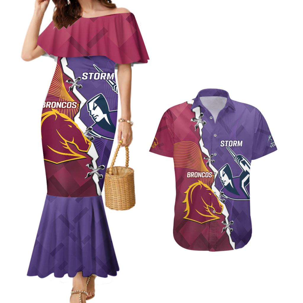 Personalised Broncos And Storm Rugby Couples Matching Mermaid Dress and Hawaiian Shirt Sporty Version