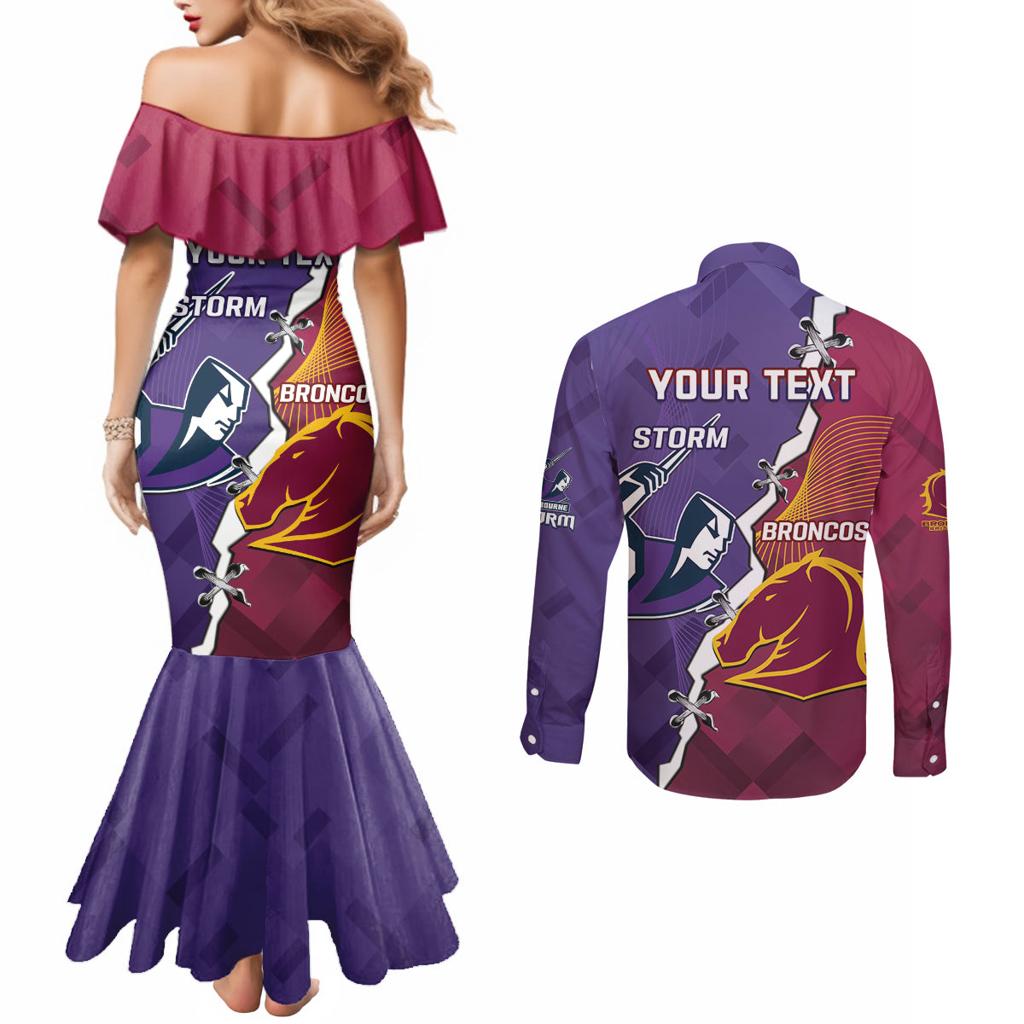 Personalised Broncos And Storm Rugby Couples Matching Mermaid Dress and Long Sleeve Button Shirt Sporty Version