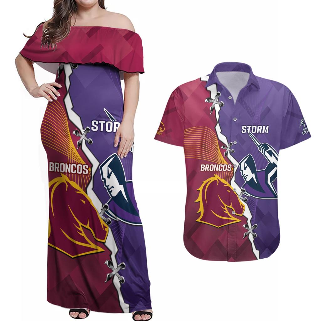 Personalised Broncos And Storm Rugby Couples Matching Off Shoulder Maxi Dress and Hawaiian Shirt Sporty Version