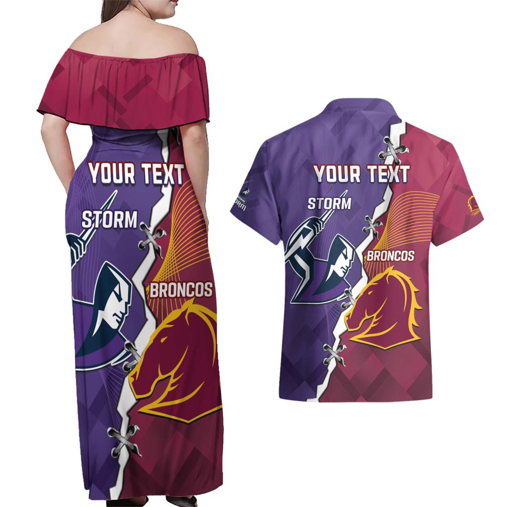 Personalised Broncos And Storm Rugby Couples Matching Off Shoulder Maxi Dress and Hawaiian Shirt Sporty Version