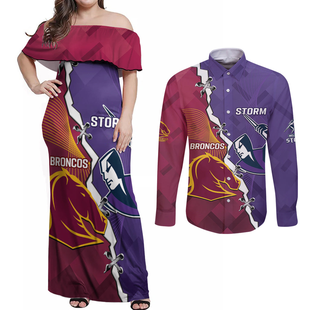 Personalised Broncos And Storm Rugby Couples Matching Off Shoulder Maxi Dress and Long Sleeve Button Shirt Sporty Version