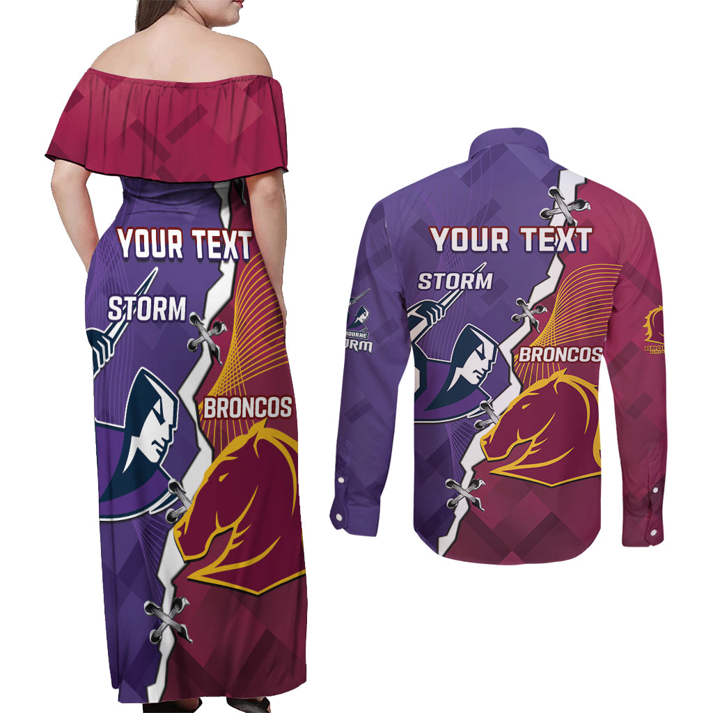 Personalised Broncos And Storm Rugby Couples Matching Off Shoulder Maxi Dress and Long Sleeve Button Shirt Sporty Version