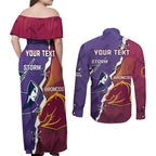 Personalised Broncos And Storm Rugby Couples Matching Off Shoulder Maxi Dress and Long Sleeve Button Shirt Sporty Version