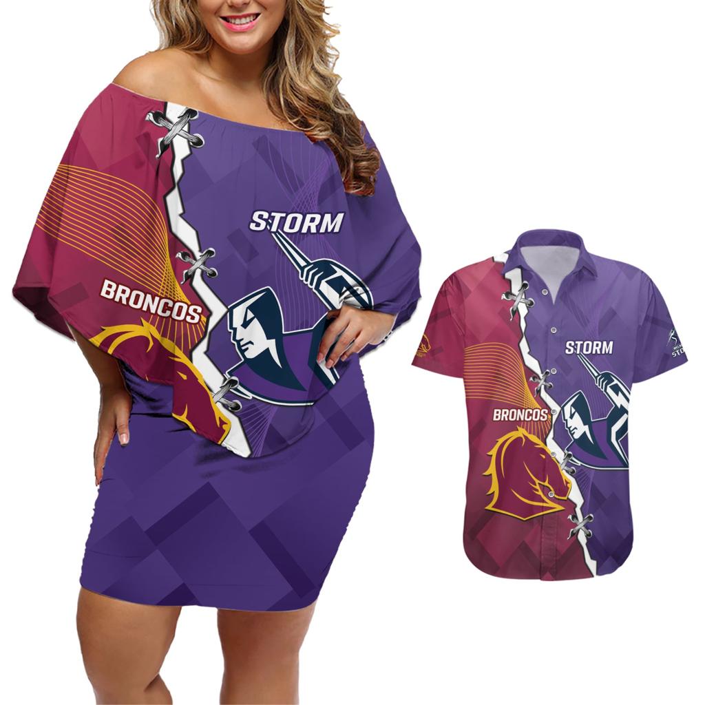 Personalised Broncos And Storm Rugby Couples Matching Off Shoulder Short Dress and Hawaiian Shirt Sporty Version