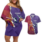 Personalised Broncos And Storm Rugby Couples Matching Off Shoulder Short Dress and Hawaiian Shirt Sporty Version