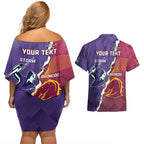 Personalised Broncos And Storm Rugby Couples Matching Off Shoulder Short Dress and Hawaiian Shirt Sporty Version