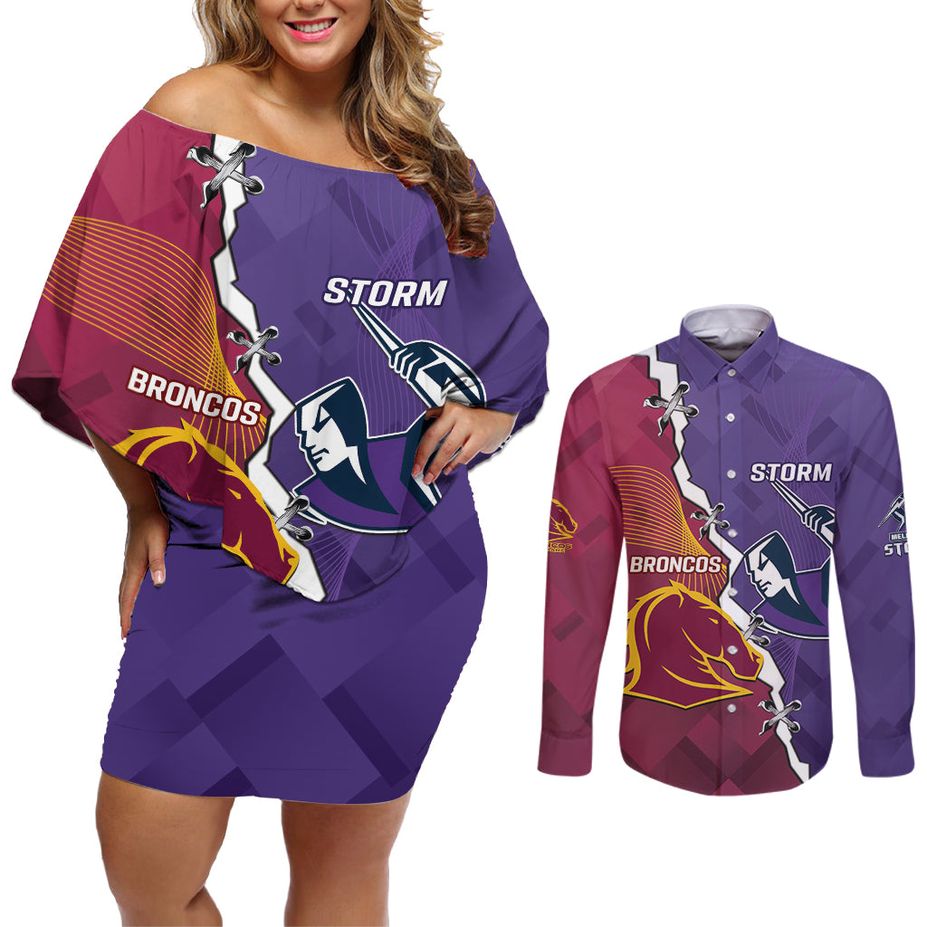 Personalised Broncos And Storm Rugby Couples Matching Off Shoulder Short Dress and Long Sleeve Button Shirt Sporty Version