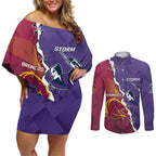 Personalised Broncos And Storm Rugby Couples Matching Off Shoulder Short Dress and Long Sleeve Button Shirt Sporty Version