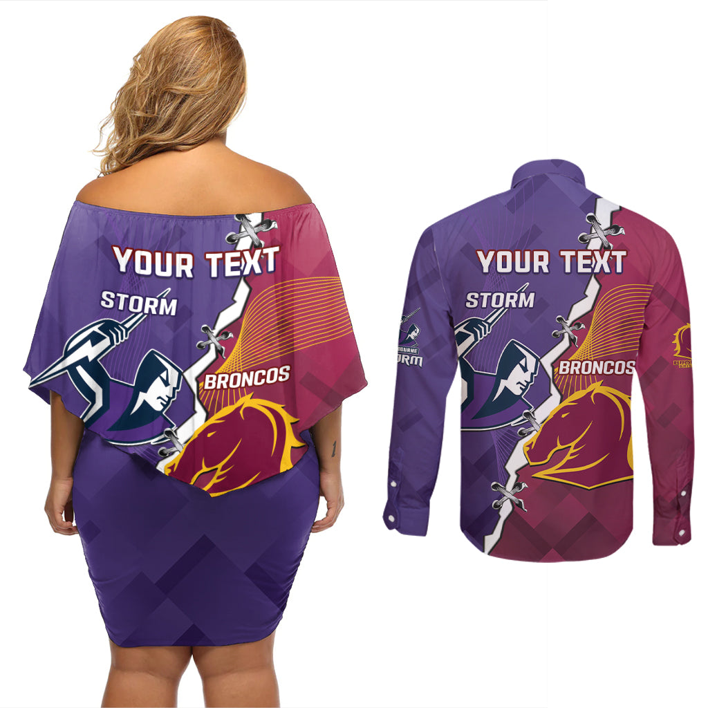 Personalised Broncos And Storm Rugby Couples Matching Off Shoulder Short Dress and Long Sleeve Button Shirt Sporty Version