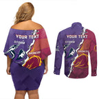Personalised Broncos And Storm Rugby Couples Matching Off Shoulder Short Dress and Long Sleeve Button Shirt Sporty Version
