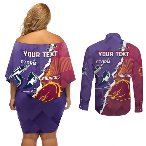 Personalised Broncos And Storm Rugby Couples Matching Off Shoulder Short Dress and Long Sleeve Button Shirt Sporty Version