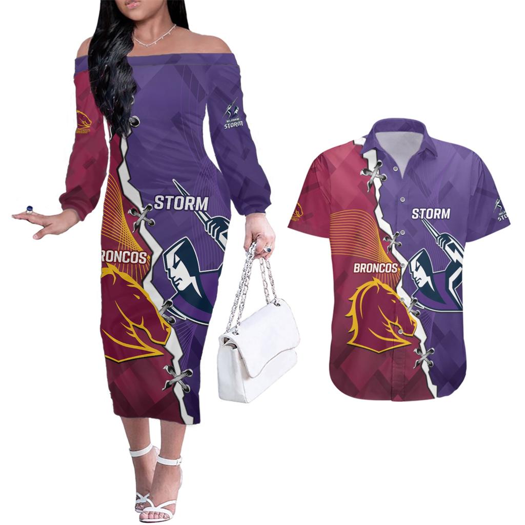 Personalised Broncos And Storm Rugby Couples Matching Off The Shoulder Long Sleeve Dress and Hawaiian Shirt Sporty Version