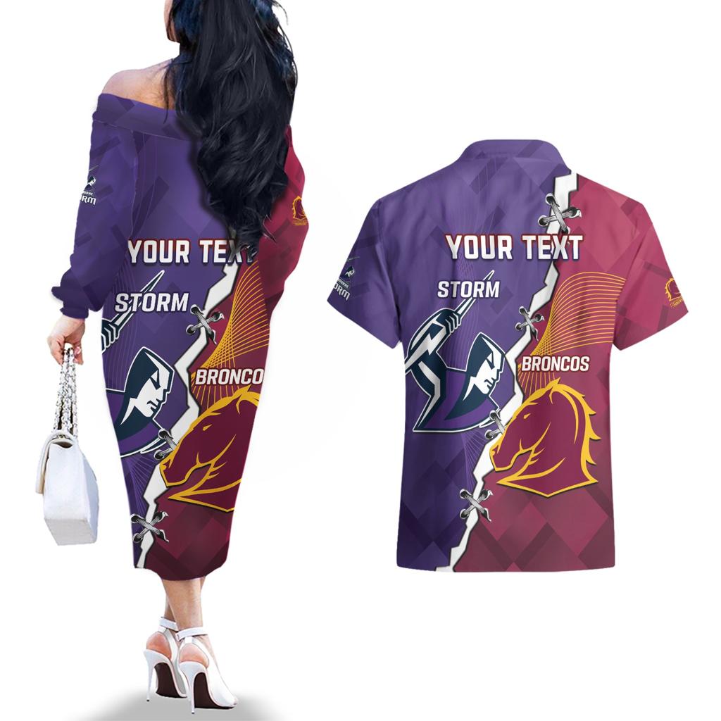 Personalised Broncos And Storm Rugby Couples Matching Off The Shoulder Long Sleeve Dress and Hawaiian Shirt Sporty Version