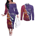 Personalised Broncos And Storm Rugby Couples Matching Off The Shoulder Long Sleeve Dress and Long Sleeve Button Shirt Sporty Version