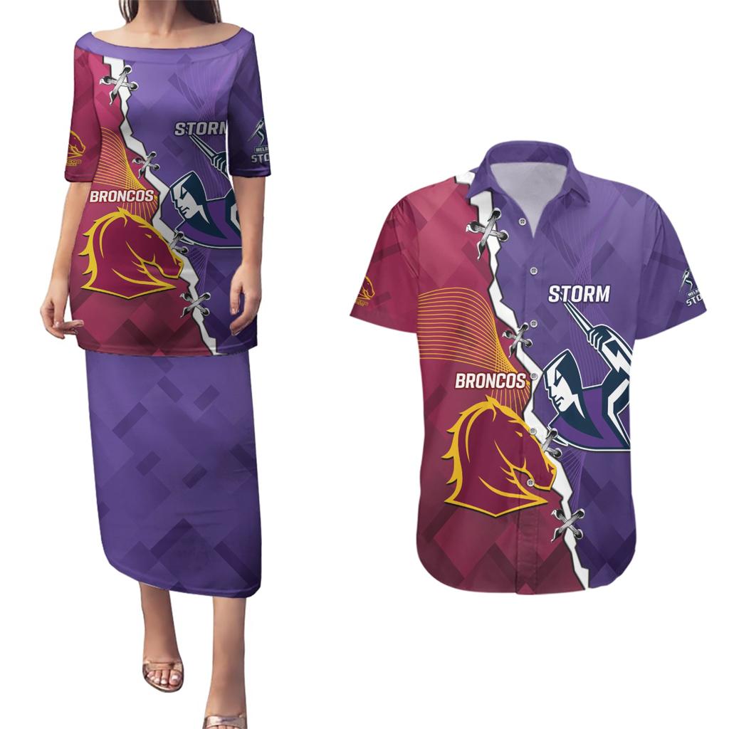 Personalised Broncos And Storm Rugby Couples Matching Puletasi and Hawaiian Shirt Sporty Version