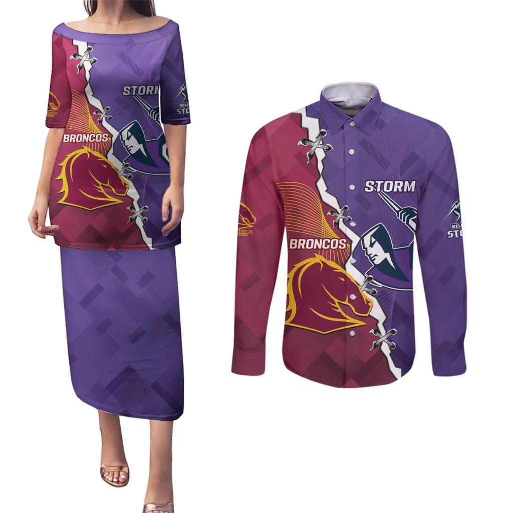 Personalised Broncos And Storm Rugby Couples Matching Puletasi and Long Sleeve Button Shirt Sporty Version