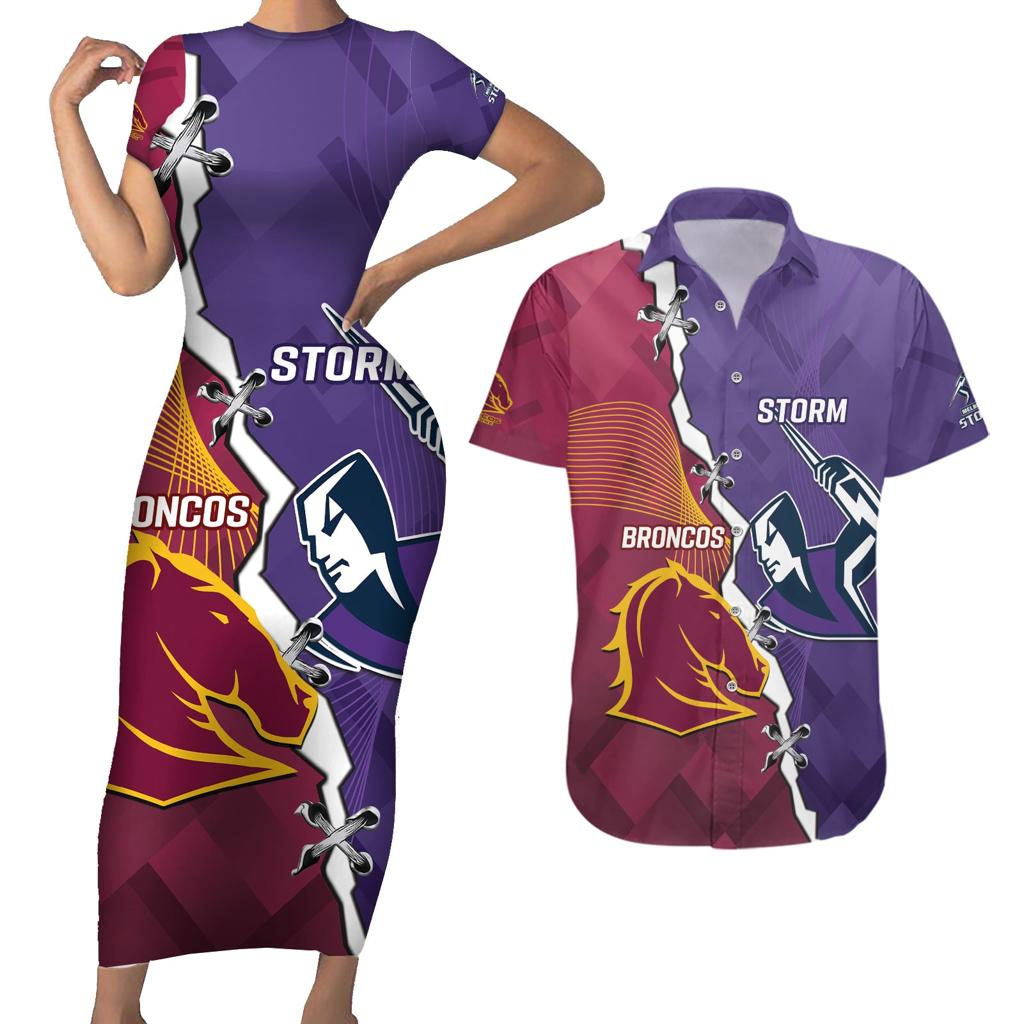 Personalised Broncos And Storm Rugby Couples Matching Short Sleeve Bodycon Dress and Hawaiian Shirt Sporty Version