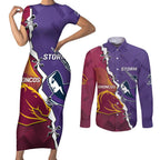 Personalised Broncos And Storm Rugby Couples Matching Short Sleeve Bodycon Dress and Long Sleeve Button Shirt Sporty Version