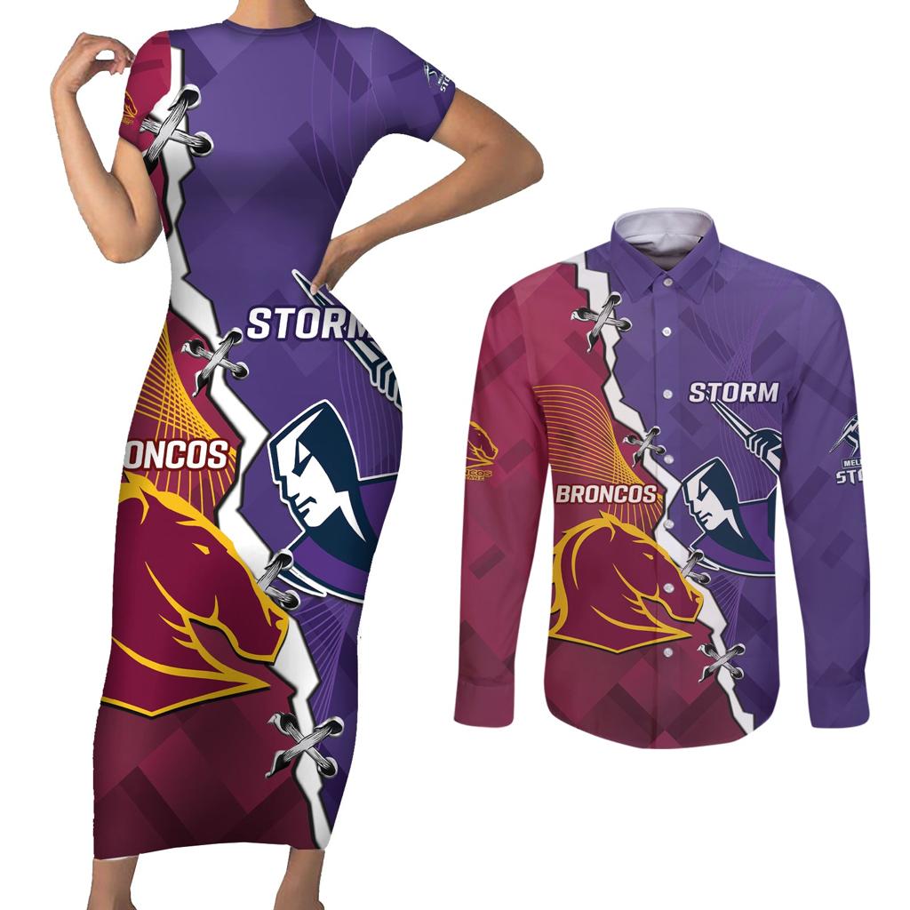 Personalised Broncos And Storm Rugby Couples Matching Short Sleeve Bodycon Dress and Long Sleeve Button Shirt Sporty Version