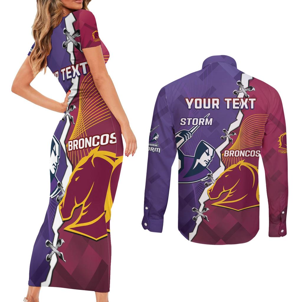 Personalised Broncos And Storm Rugby Couples Matching Short Sleeve Bodycon Dress and Long Sleeve Button Shirt Sporty Version