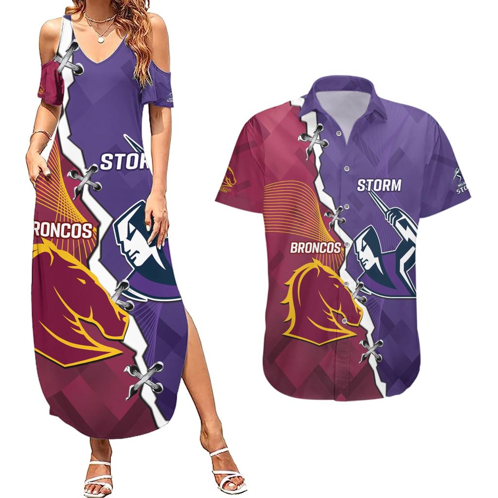 Personalised Broncos And Storm Rugby Couples Matching Summer Maxi Dress and Hawaiian Shirt Sporty Version