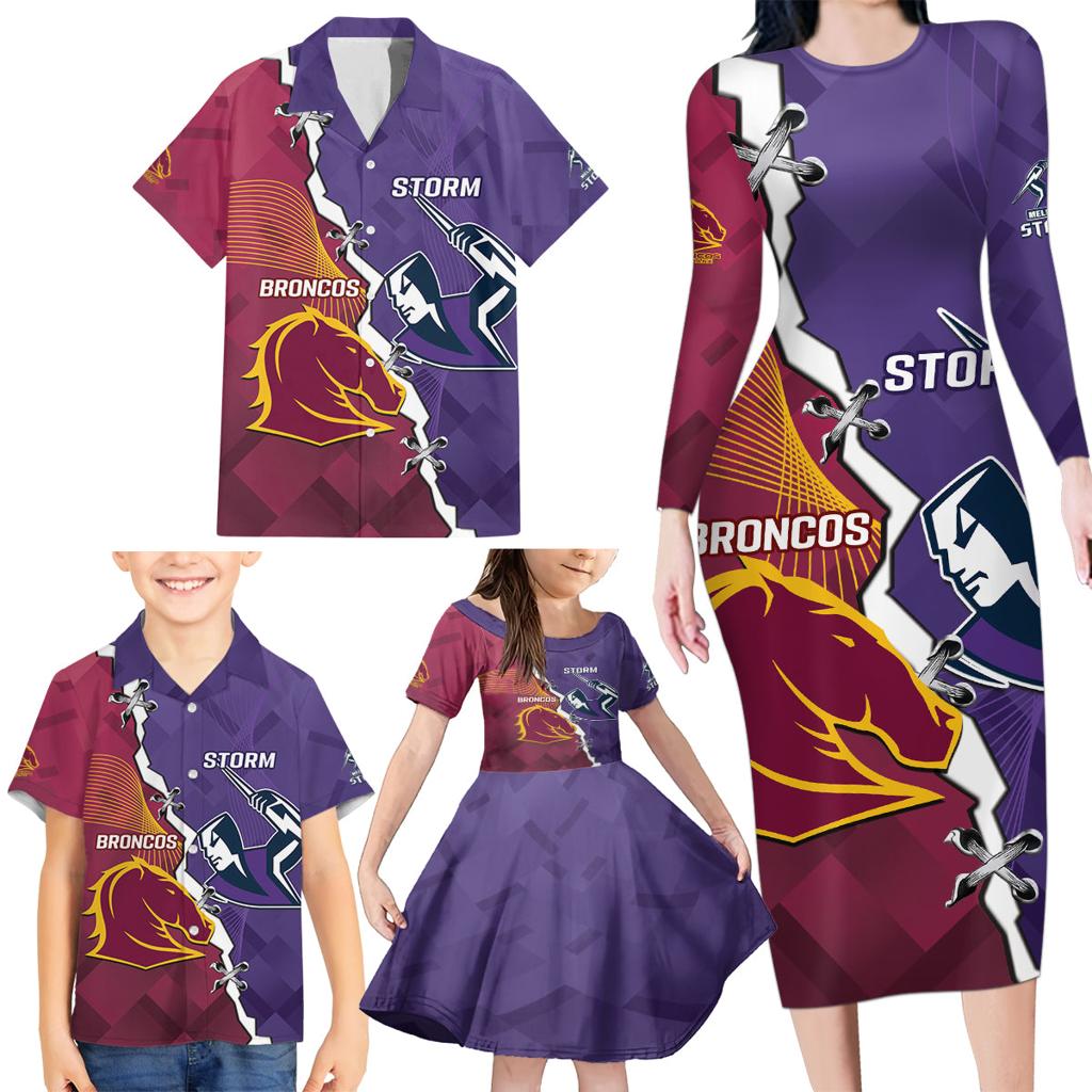 Personalised Broncos And Storm Rugby Family Matching Long Sleeve Bodycon Dress and Hawaiian Shirt Sporty Version