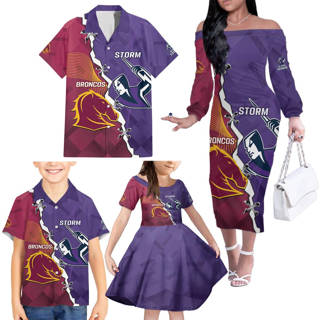 Personalised Broncos And Storm Rugby Family Matching Off The Shoulder Long Sleeve Dress and Hawaiian Shirt Sporty Version