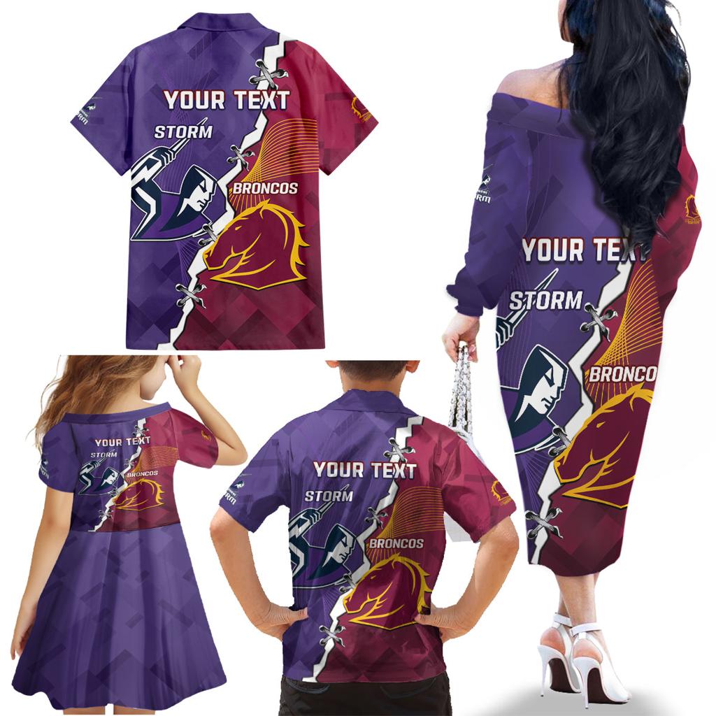 Personalised Broncos And Storm Rugby Family Matching Off The Shoulder Long Sleeve Dress and Hawaiian Shirt Sporty Version