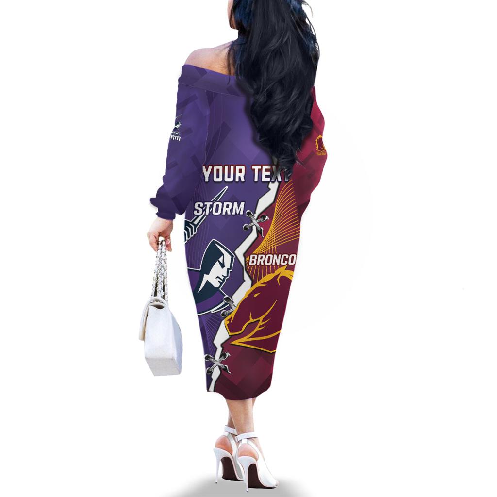 Personalised Broncos And Storm Rugby Family Matching Off The Shoulder Long Sleeve Dress and Hawaiian Shirt Sporty Version