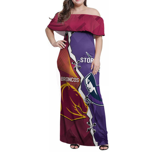 Personalised Broncos And Storm Rugby Family Matching Off Shoulder Maxi Dress and Hawaiian Shirt Sporty Version