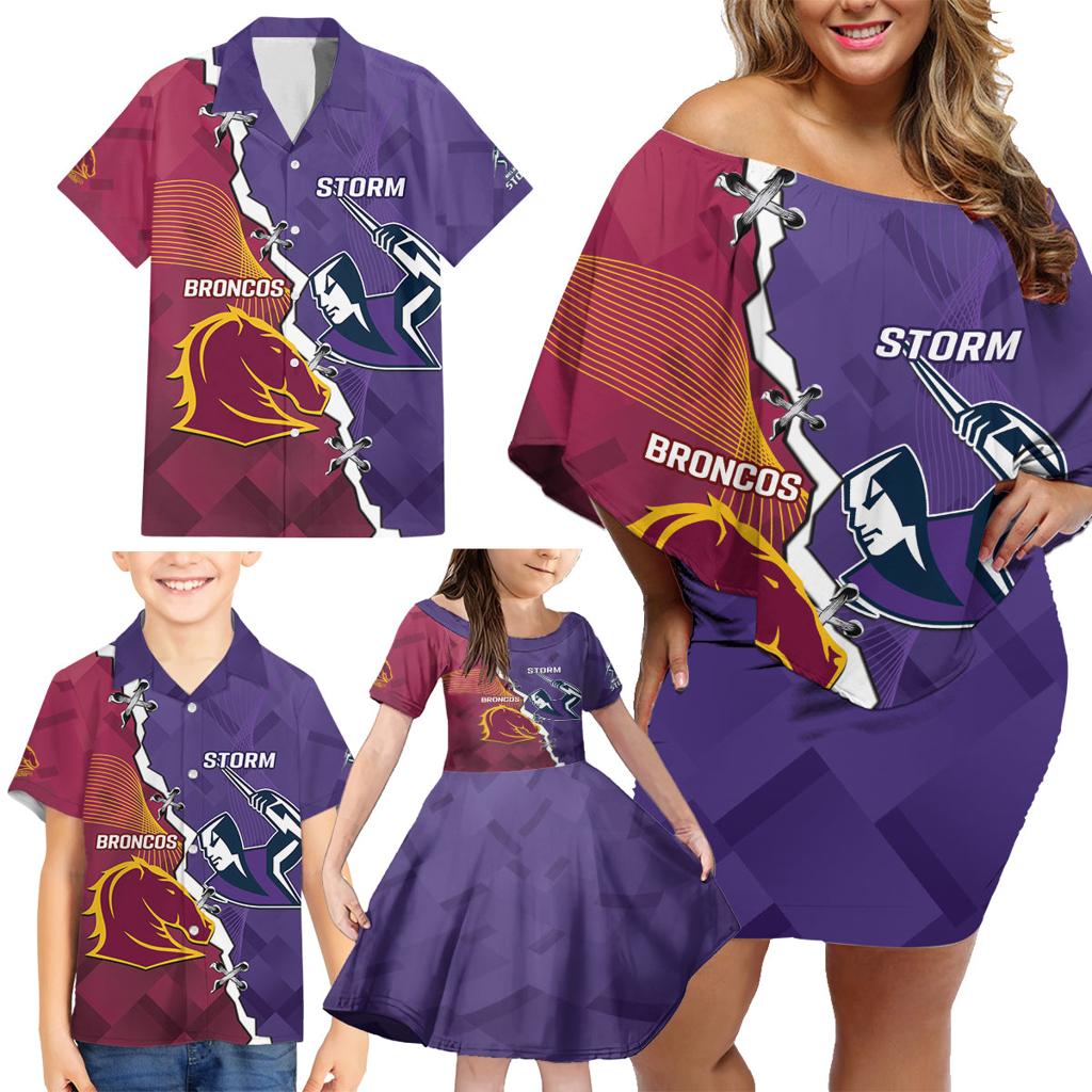 Personalised Broncos And Storm Rugby Family Matching Off Shoulder Short Dress and Hawaiian Shirt Sporty Version