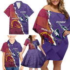Personalised Broncos And Storm Rugby Family Matching Off Shoulder Short Dress and Hawaiian Shirt Sporty Version
