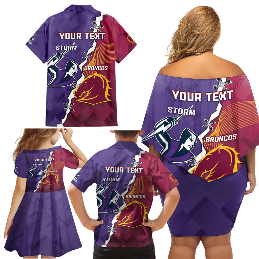 Personalised Broncos And Storm Rugby Family Matching Off Shoulder Short Dress and Hawaiian Shirt Sporty Version