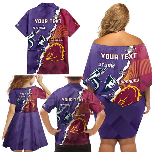 Personalised Broncos And Storm Rugby Family Matching Off Shoulder Short Dress and Hawaiian Shirt Sporty Version