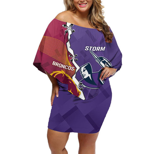 Personalised Broncos And Storm Rugby Family Matching Off Shoulder Short Dress and Hawaiian Shirt Sporty Version