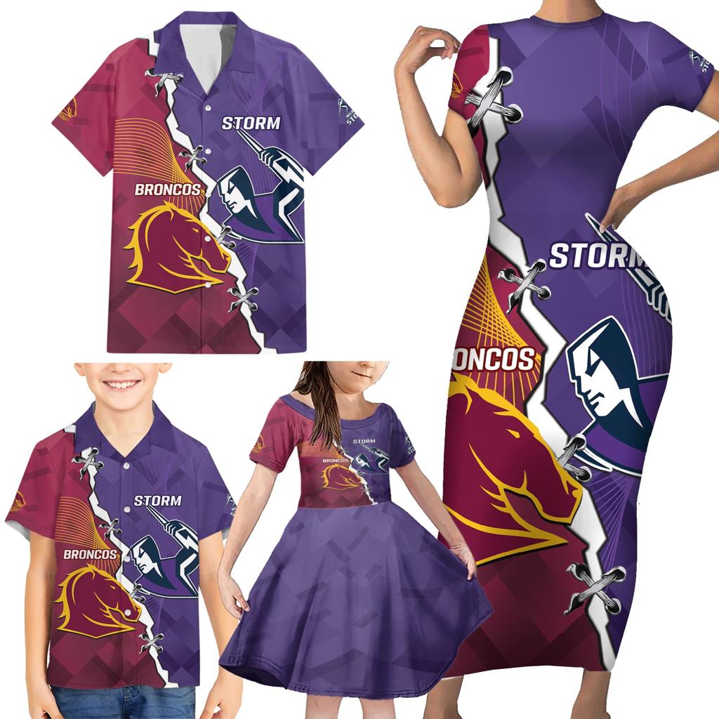 Personalised Broncos And Storm Rugby Family Matching Short Sleeve Bodycon Dress and Hawaiian Shirt Sporty Version