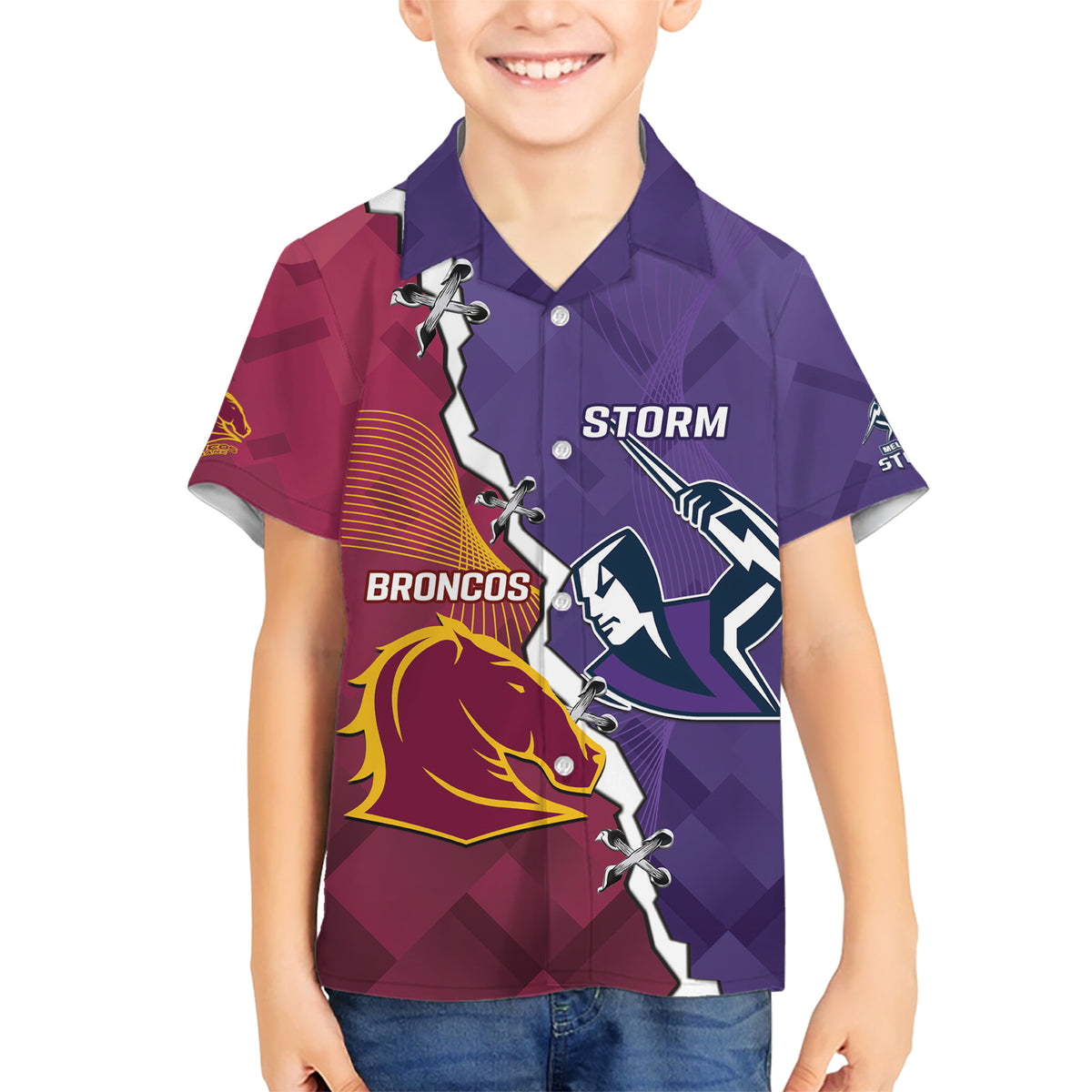 Personalised Broncos And Storm Rugby Kid Hawaiian Shirt Sporty Version