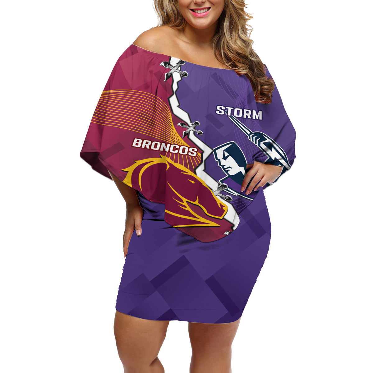 Personalised Broncos And Storm Rugby Off Shoulder Short Dress Sporty Version