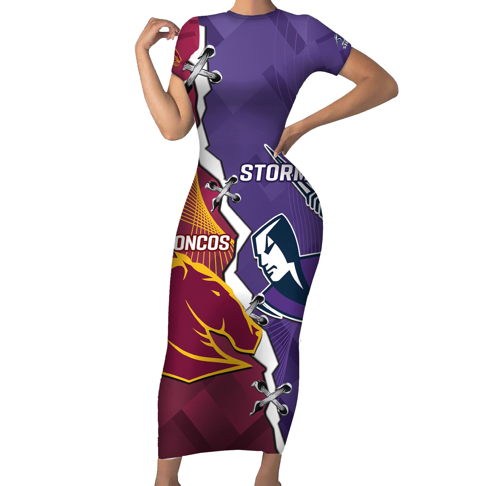 Personalised Broncos And Storm Rugby Short Sleeve Bodycon Dress Sporty Version
