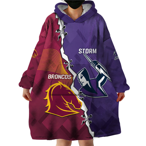 Personalised Broncos And Storm Rugby Wearable Blanket Hoodie Sporty Version