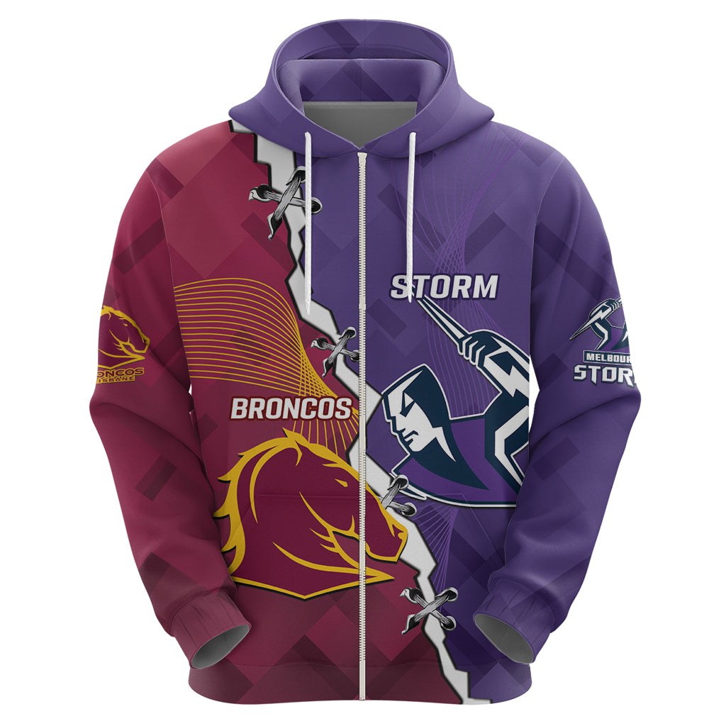 Personalised Broncos And Storm Rugby Zip Hoodie Sporty Version