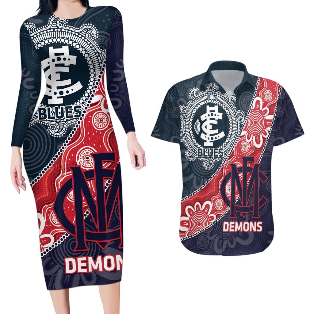 Personalised Demons And Blues Football Couples Matching Long Sleeve Bodycon Dress and Hawaiian Shirt Aboriginal Art