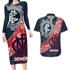 Personalised Demons And Blues Football Couples Matching Long Sleeve Bodycon Dress and Hawaiian Shirt Aboriginal Art