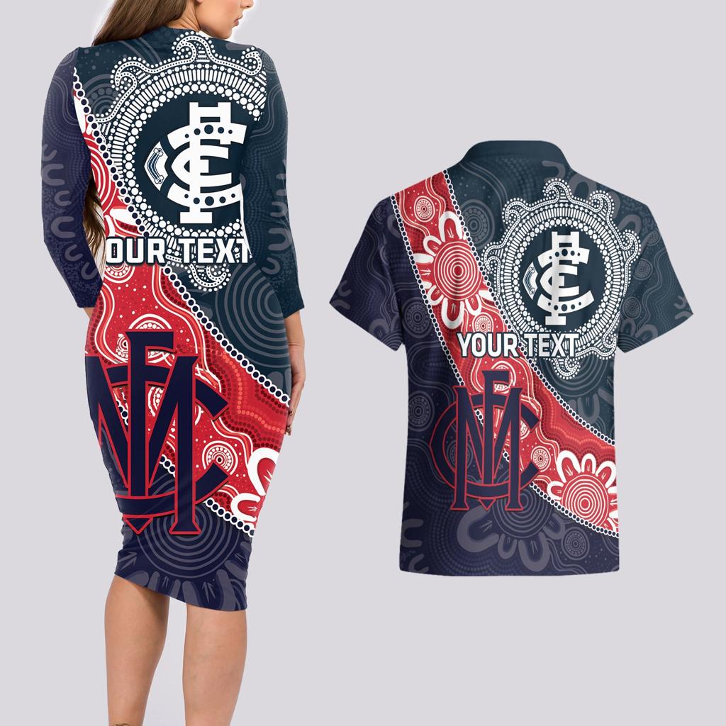 Personalised Demons And Blues Football Couples Matching Long Sleeve Bodycon Dress and Hawaiian Shirt Aboriginal Art