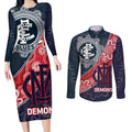 Personalised Demons And Blues Football Couples Matching Long Sleeve Bodycon Dress and Long Sleeve Button Shirt Aboriginal Art